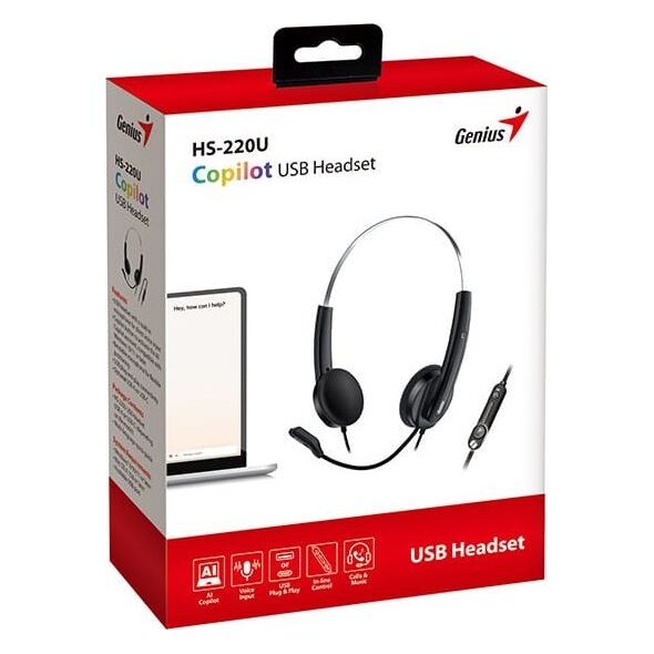 Genius HS-220U AI, słuchawki z mikrofonem, przewodowaczarna, 2.0, zamykane, USB - C