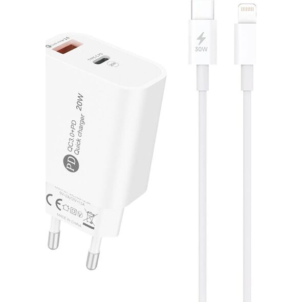 Φορτιστής τοίχου A6MaxL 20W USB-A USB-C με καλώδιο USB-C - Lightning 1m - λευκός