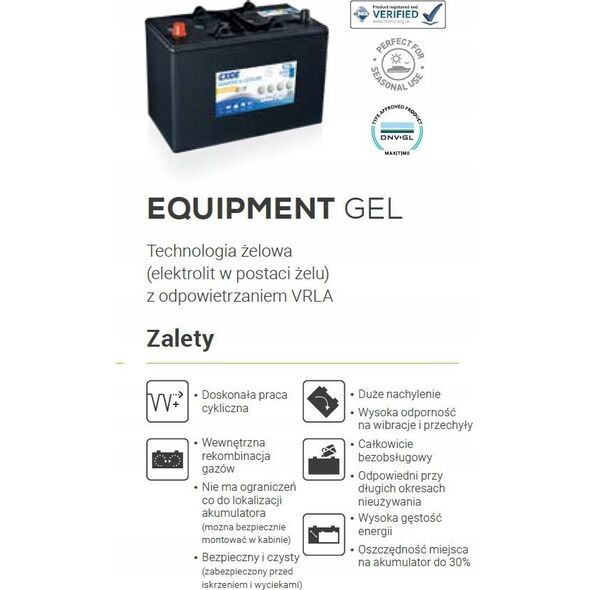 Μπαταρία EXIDE 12V 85Ah/460A EQUIPMENT GEL/ΖΕΛ MARINE/RV (L+ biegun standardowy) 350x175x235 B0 (ζελέ)