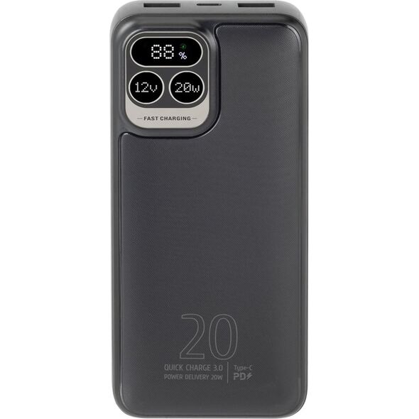 RivaCase POWERBANK 20.000 MAH USB-C 20W LCD, 1X WE/WY USB-C PD 20W, 2X USB-A QC 3.0 18W, CZARNY
