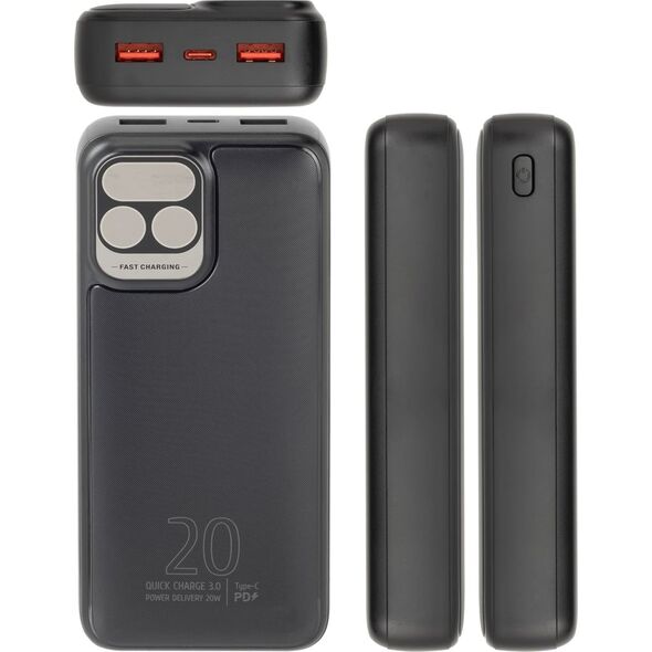 RivaCase POWERBANK 20.000 MAH USB-C 20W LCD, 1X WE/WY USB-C PD 20W, 2X USB-A QC 3.0 18W, CZARNY