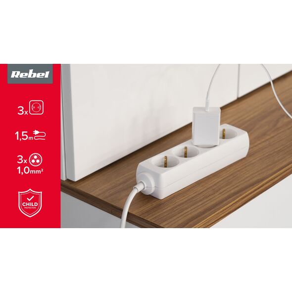 Rebel Przedłużacz biały Rebel  3 gniazda typu niemieckiego, dł. 1,5m (3x1.0) bez przełącznika