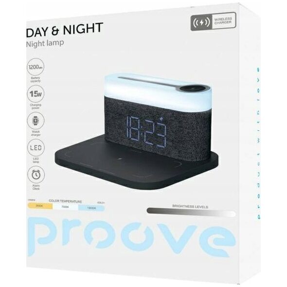 PROOVE 3-σε-1 Λάμπα κομοδίνου + Ξυπνητήρι Ημέρας & Νύχτας LED 1200mAh 3W επαγωγική φόρτιση 15W σκούρο γκρι