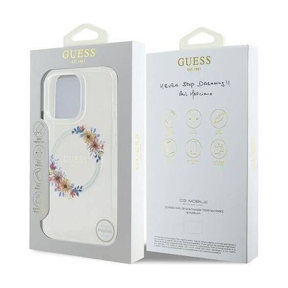 Guess Guess GUHMP16LHFWFCT iPhone 16 Pro 6.3" przeźroczysty/transprent hardcase IML Flowers Wreath MagSafe