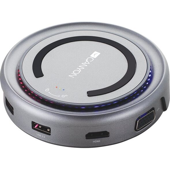 Stacja/replikator Canyon CANYON Hub DS-7, bezprzwodowe ładowanie 10W, 7w1, USB-C, LED, Szary