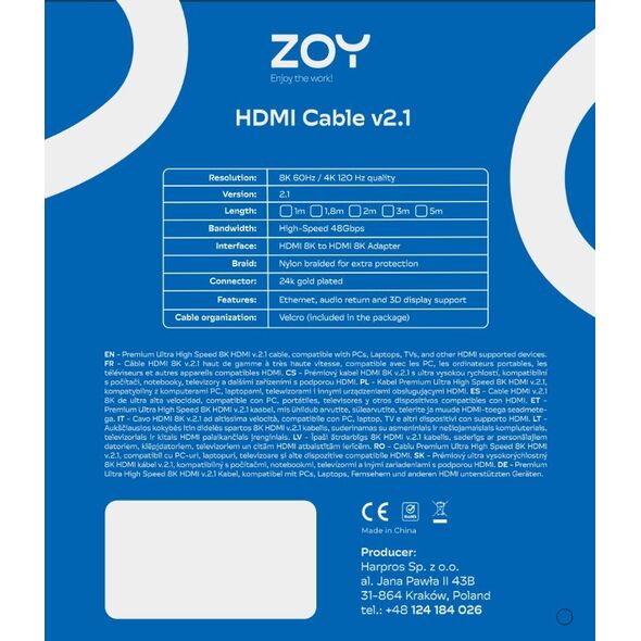 Kabel ZOY HDMI 1,8m standard 2.1 + rzep ZCH18