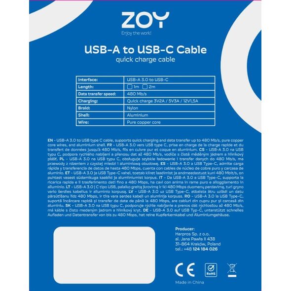 Kabel USB ZOY USB A - USB C standard 3.0 2m ZCAC2