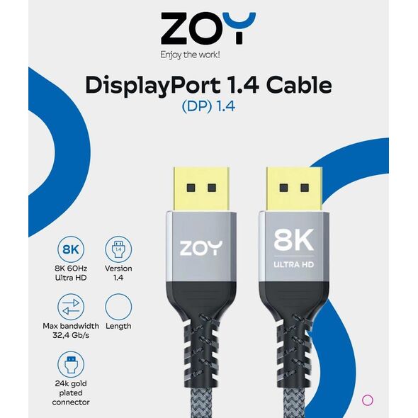 Kabel ZOY DisplayPort 1.4 1,8m + rzep ZCD18