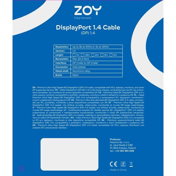 Kabel ZOY DisplayPort 1.4 3m + rzep ZCD3