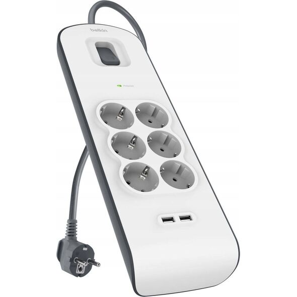 Belkin Πολύπριζο προστασίας από υπερτάσεις 650J, 6 υποδοχές Schuko, 2x USB-A, 2μ