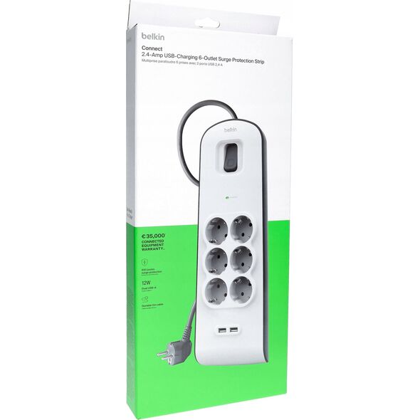 Belkin Πολύπριζο προστασίας από υπερτάσεις 650J, 6 υποδοχές Schuko, 2x USB-A, 2μ