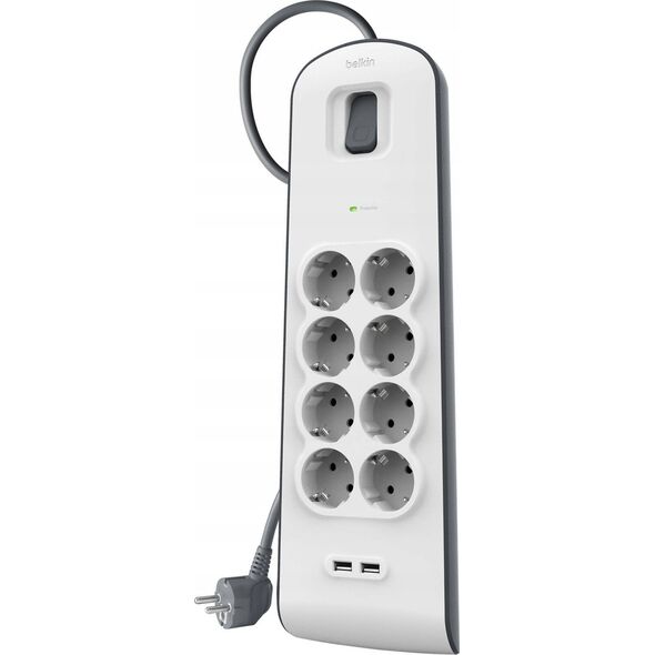 Belkin Πολύπριζο προστασίας από υπερτάσεις 900J, 8 υποδοχές Schuko, 2x USB-A, 2m