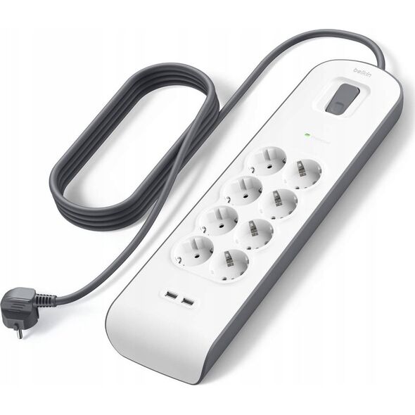 Belkin Πολύπριζο προστασίας από υπερτάσεις 900J, 8 υποδοχές Schuko, 2x USB-A, 2m
