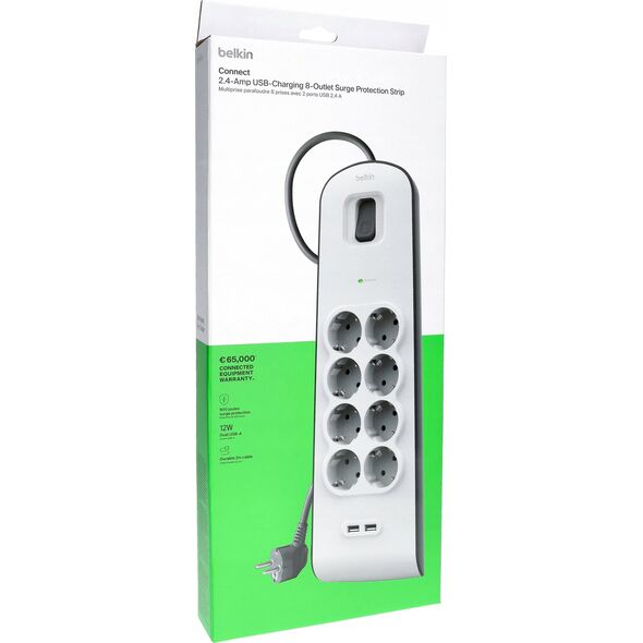Belkin Πολύπριζο προστασίας από υπερτάσεις 900J, 8 υποδοχές Schuko, 2x USB-A, 2m