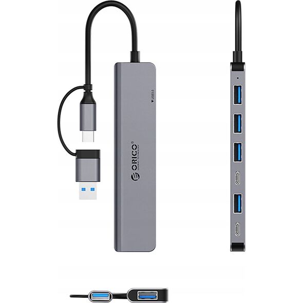 HUB 7 θυρών είσοδος 2 σε 1: USB-A/USB-C / έξοδος: 4x USB-A 2.0 + 1x USB-A 3.0 + 2x USB-C 2.0 καλώδιο 0,17M - γκρι