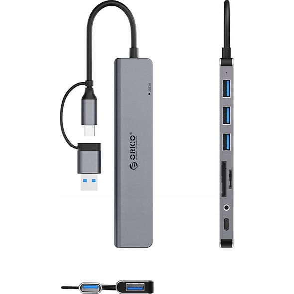 HUB είσοδος 2 σε 1: USB-A/USB-C / έξοδος: 3x USB-A 2.0 + 1x USB-A 3.0 + 1x USB-C 2.0 + 1x 3,5mm Ήχος & Μικρόφωνο + 2x TF&SD καλώδιο 0,17M - γκρι