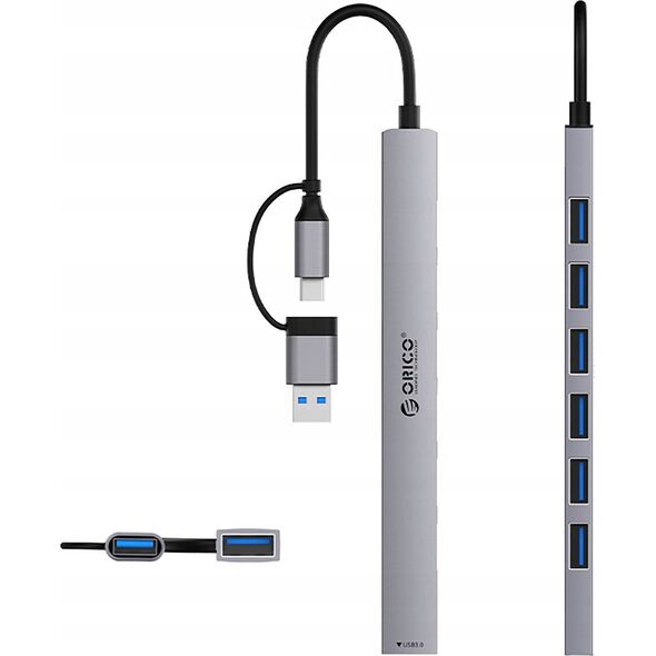 HUB 7 θυρών είσοδος 2 σε 1: USB-A/USB-C / έξοδος: 1x USB-A 3.0 + 6x USB-A 2.0 - γκρι