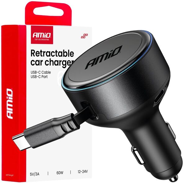 Ładowarka samochodowa ze zwijanym kablem typu c + usb-c 12v 24v 60w amio-04368