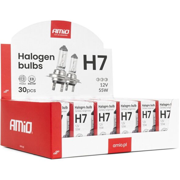 Zestaw żarówek halogenowych h7 12v 55w uv filtr 30szt. amio-04399