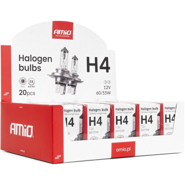 Zestaw żarówek halogenowych h4 12v 60/55w filtr uv (e8) 20szt. amio-04401