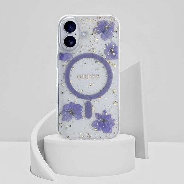 Etui Guess Resin Flowers Glitter MagSafe do Apple iPhone 16 fioletowy