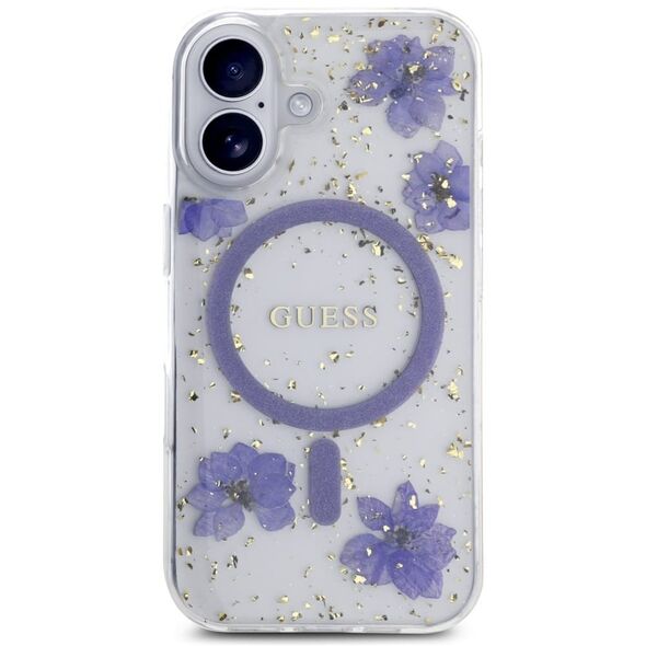Etui Guess Resin Flowers Glitter MagSafe do Apple iPhone 16 fioletowy