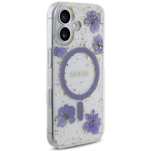 Etui Guess Resin Flowers Glitter MagSafe do Apple iPhone 16 fioletowy