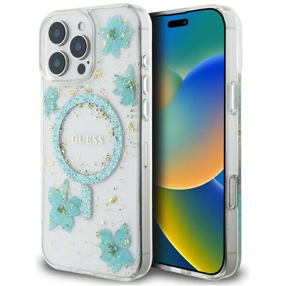 Etui Guess Resin Flowers Glitter MagSafe do Apple iPhone 16 Pro Max turkusowy