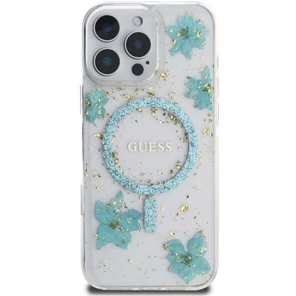 Etui Guess Resin Flowers Glitter MagSafe do Apple iPhone 16 Pro Max turkusowy