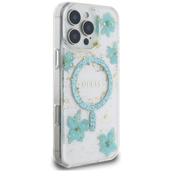 Etui Guess Resin Flowers Glitter MagSafe do Apple iPhone 16 Pro Max turkusowy