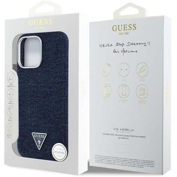 Etui Guess Denim Triangle Logo MagSafe   do iPhone 16 Pro niebieski