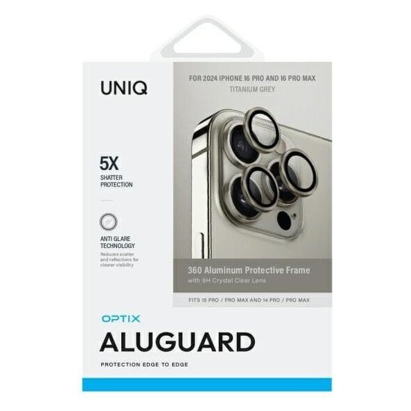 UNIQ Optix Aluminium Camera Lens Protector iPhone 16 Pro 6.3" / 16 Pro Max 6.9" titanium grey szkło na obiektyw aparatu z aplikatorem