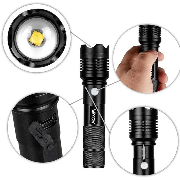 LATARKA KLASYCZNA AKUMULATOROWA USB-C TAKTYCZNA VA0116 VAYOX 800 LUMENÓW