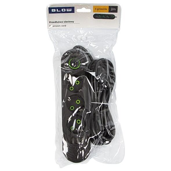 Blow 98-213# Przedłużacz sieciowy ps-320 3-gniazda 3xusb 2m czarny 2x1mm