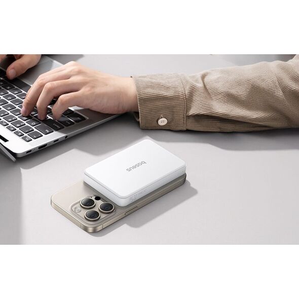 Powerbank Baseus Airpow II 10000mAh Qi2 με MagSafe 22,5W με καλώδιο Baseus Simple Series USB-C - USB-C 20V/3A (30cm) - λευκό