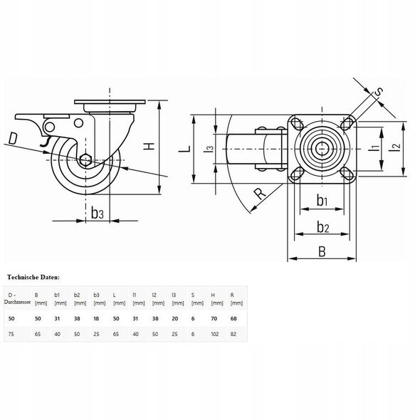 Περιστρεφόμενος τροχός με φρένο 50mm PP/TPR (200)