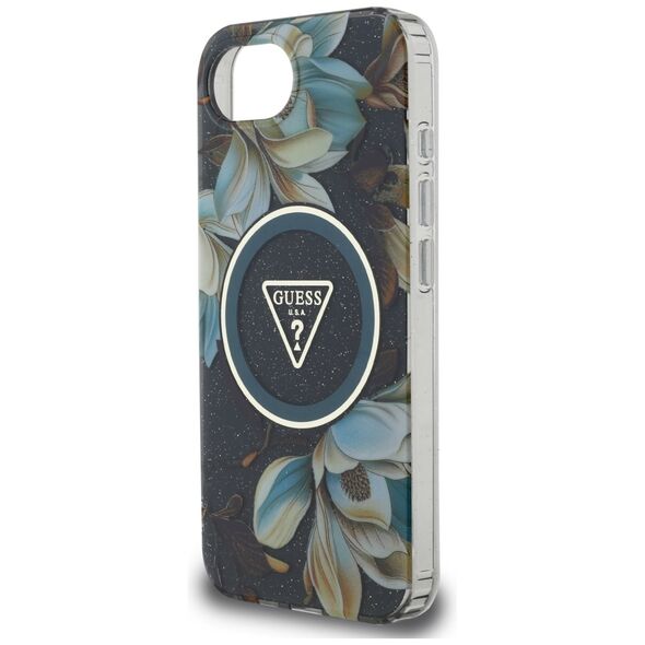 Θήκη Guess IML Metal Glitter Flowers Triangle MagSafe για iPhone 16e μαύρο