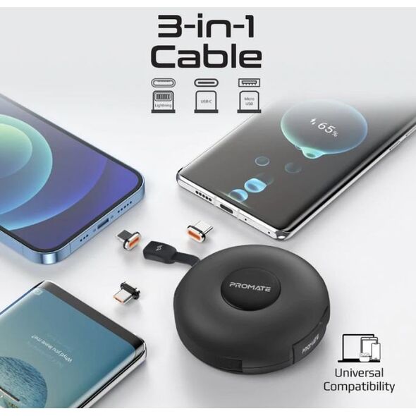 PROMATE Quiver Πτυσσόμενο μαγνητικό καλώδιο USB-C σε USB-C / Lightning / microUSB / 1m ID