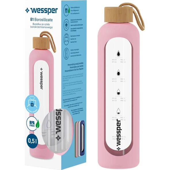 Wessper Wessper B1 Borosilicate 500 ml Szklana butelka na wodę z miarką motywacyjną z różowym etui