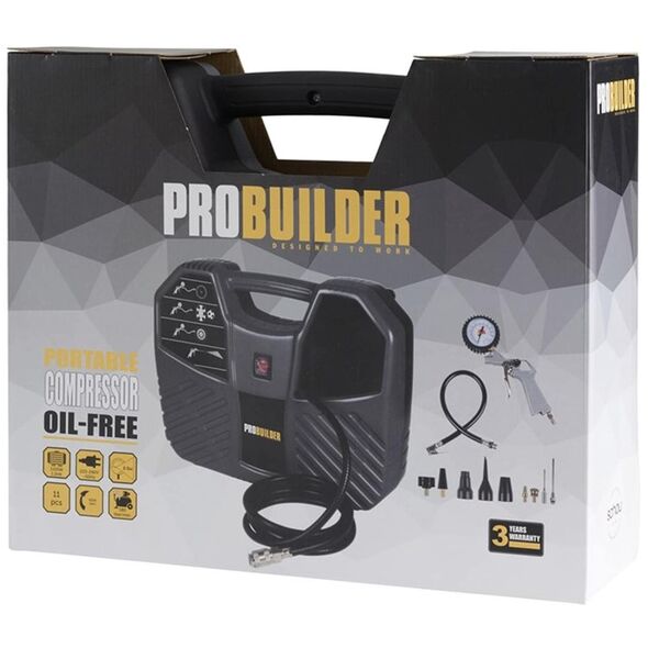 Συμπιεστής αέρα PROBUILDER, ισχύς 1100 W, μέγιστη πίεση 8 Bar, ροή 180 l/min, περιλαμβάνεται πιστόλι