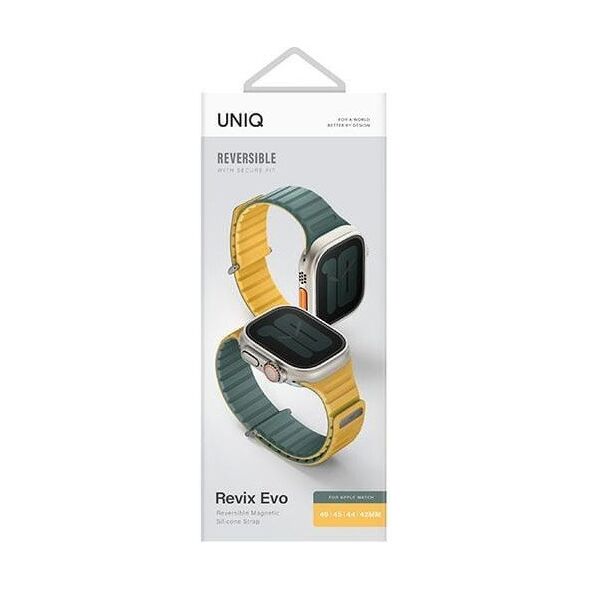UNIQ pasek Revix Evo Apple Watch Series1/2/3/4/5/6/7/8/9/SE/SE2/Ultra/Ultra2 42/44/45/49mm Reversible Magnetic zielono-żółty/viridian green-burnt yellow