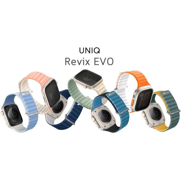 UNIQ pasek Revix Evo Apple Watch Series1/2/3/4/5/6/7/8/9/SE/SE2/Ultra/Ultra2 42/44/45/49mm Reversible Magnetic zielono-żółty/viridian green-burnt yellow