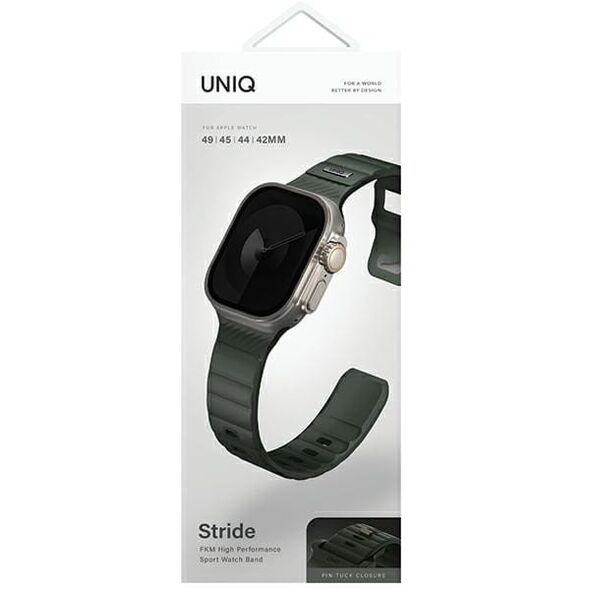 UNIQ pasek Stride Apple Watch Series1/2/3/4/5/6/7/8/9/SE/SE2/Ultra/Ultra 2 42/44/45/49mm FKM Rubber Strap ciemnozielony/moss green