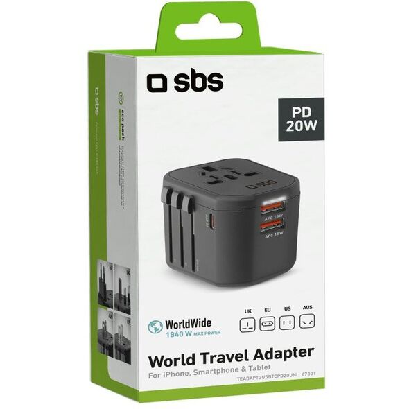Παγκόσμιος Ταξιδιωτικός Αντάπτορας SBS 18W (EU/UK/US/AUS plug)