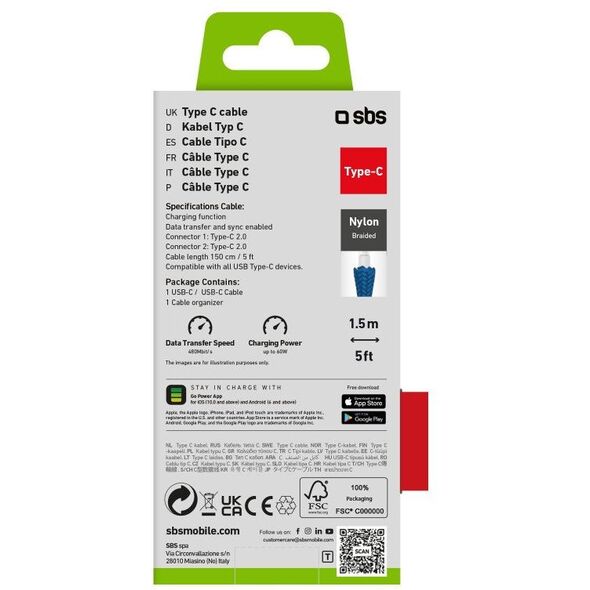 Καλώδιο SBS TECABLETISSUETCCB USB-C - USB-C 1,5m 60W με πλέξη - μπλε