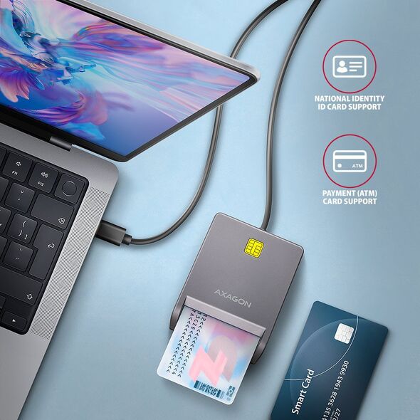 AXAGON CRE-SM3TC, USB-C FlatReader αναγνώστης καρτών ταυτότητας, καλώδιο 1.2 m