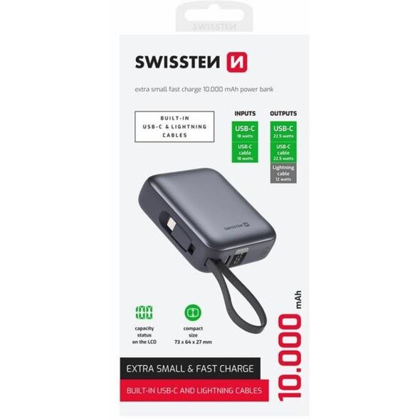 Swissten Power Bank 10000 mAh με ενσωματωμένα καλώδια USB-C και Lightning