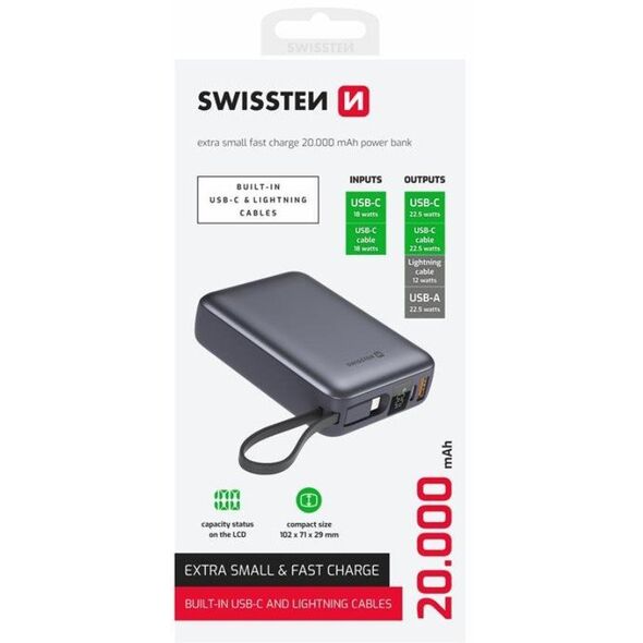 Swissten Power Bank 20000 mAh με ενσωματωμένα καλώδια USB-C και Lightning