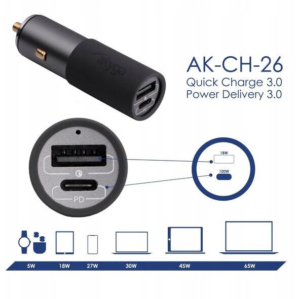 Φορτιστής αυτοκινήτου USB AK-CH-26 USB-A + USB-C PD 5-20V / max. 5A 100W Quick Charge 3.0 GaN