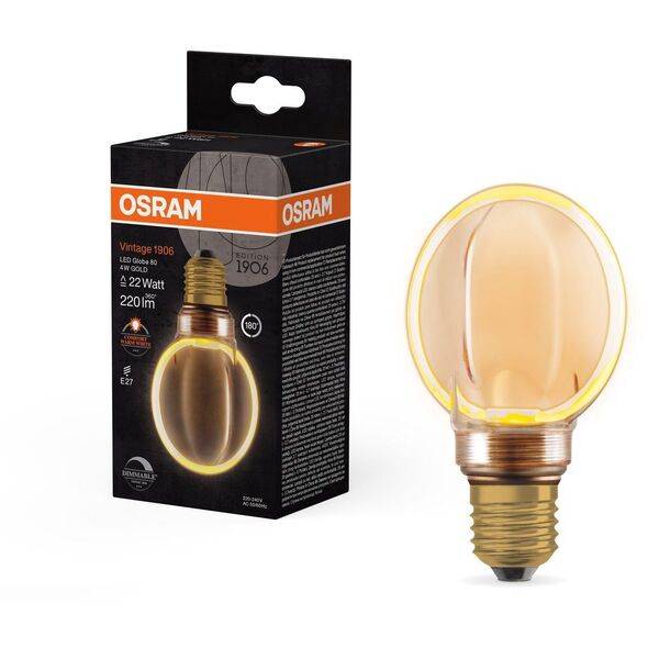 Διακοσμητικός λαμπτήρας LED OSRAM O-FILAMENT, G80, E27, 4W, 1800K, 110lm, ρυθμιζόμενης έντασης